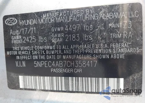 2012 Hyundai Sonata Limited 2.0T z USA, uszkodzony, nr VIN 5NPEC4AB7CH358417